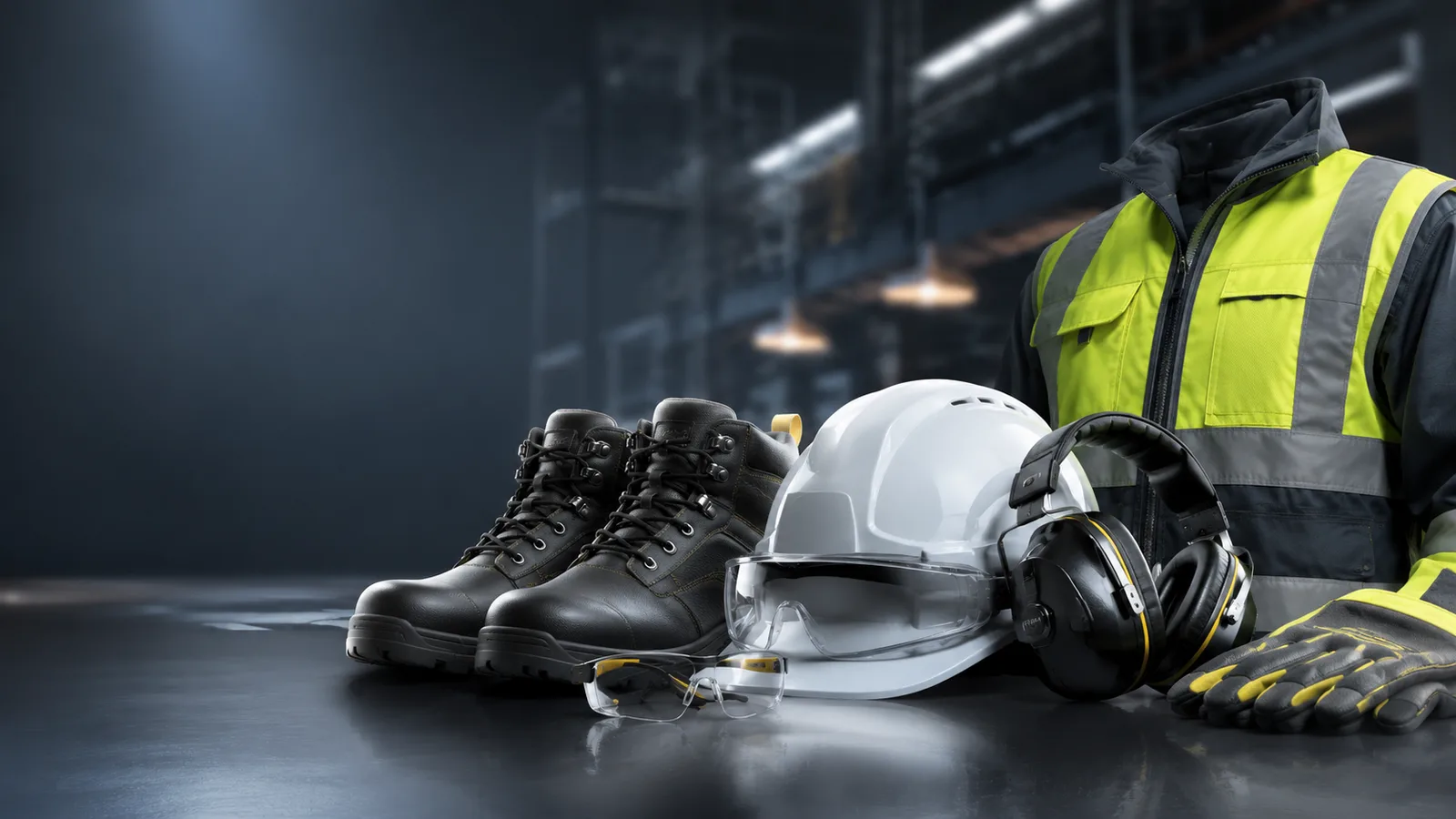 Equipo de protección personal: botas, casco, gafas, orejeras y chaqueta reflectiva